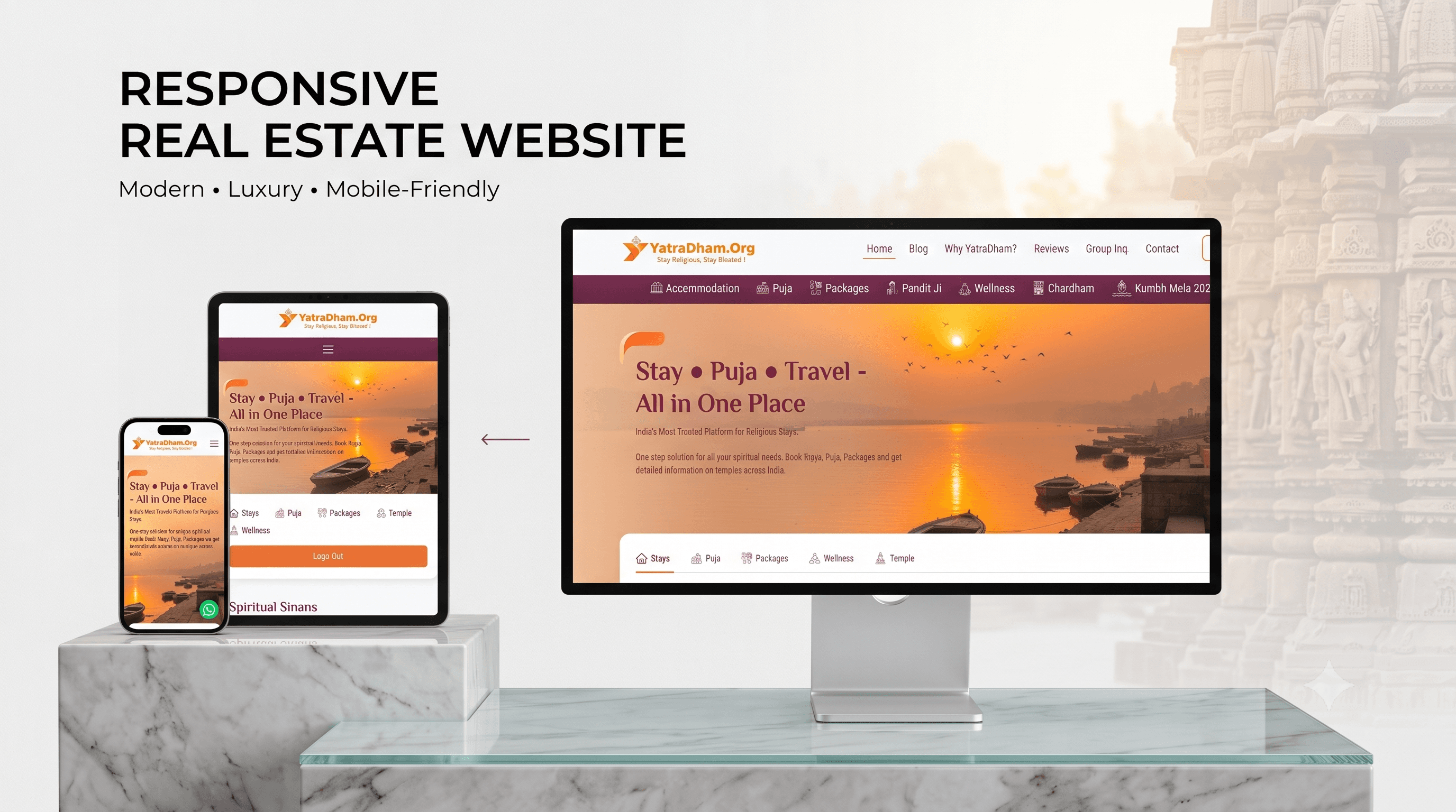 Responsive real estate website shown across desktop, tablet and mobile screens