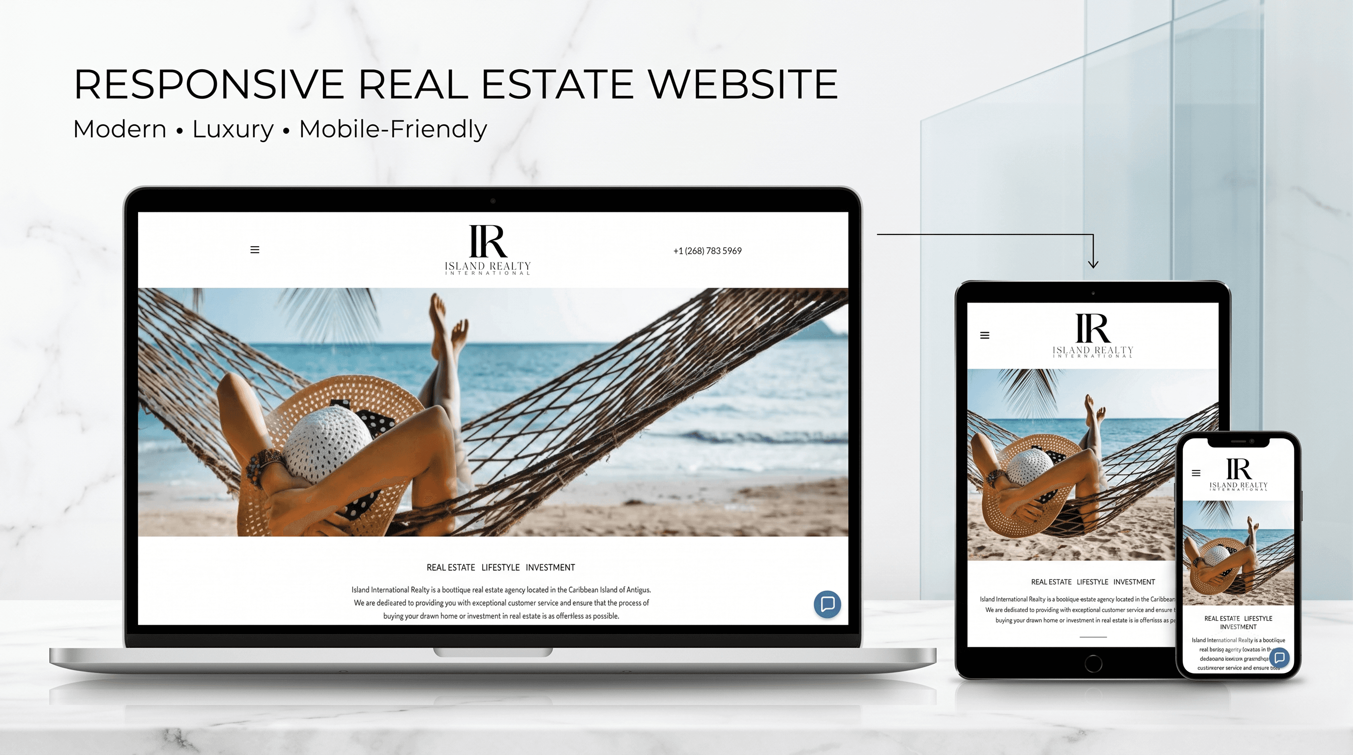 Responsive real estate website displayed across multiple device mockups